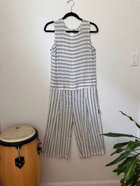 Message Factory Navy Stripe Jumpsuit | Wide Leg Cropped | Sleeveless | size M